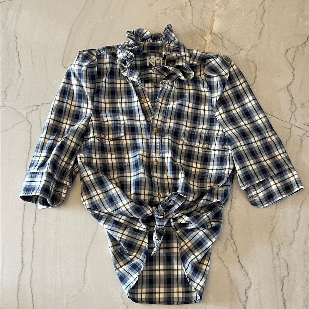 NWT KMJ Bontina Blue Plaid Button Down Top with Ruffle Collar